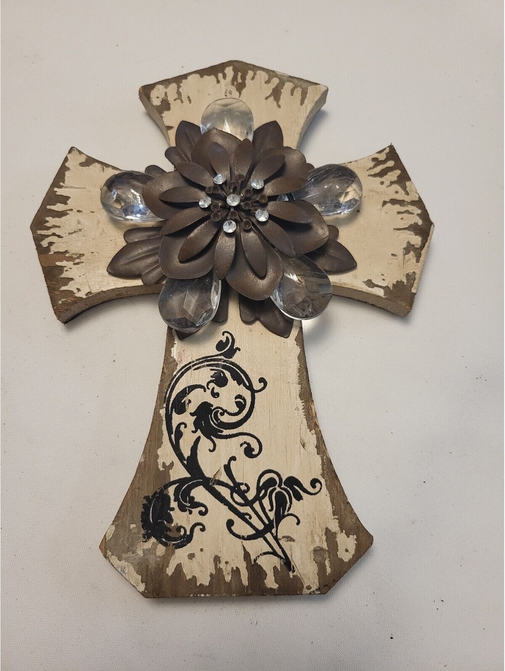 Decorative Wooden Cross Wall Hanging with Floral and Crystal Accents